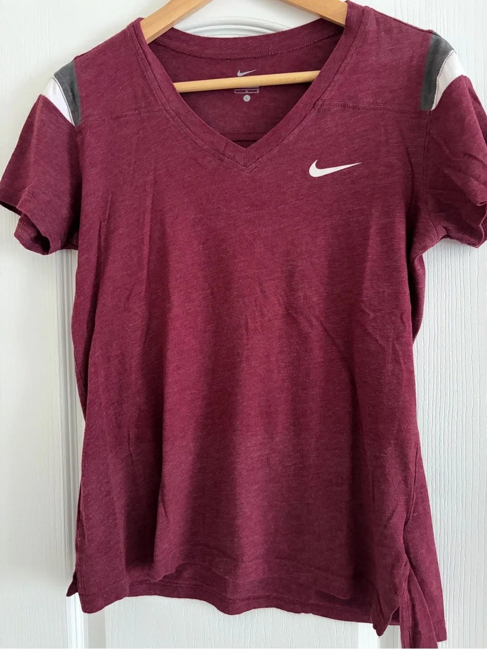 Nike Women's Maroon V-Neck Muscle Tee with Grey Shoulder Accents